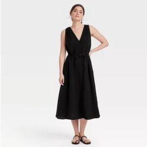 Universal Thread Black Belted Gauze Midi A-Line Dress with Side Pockets Size S
